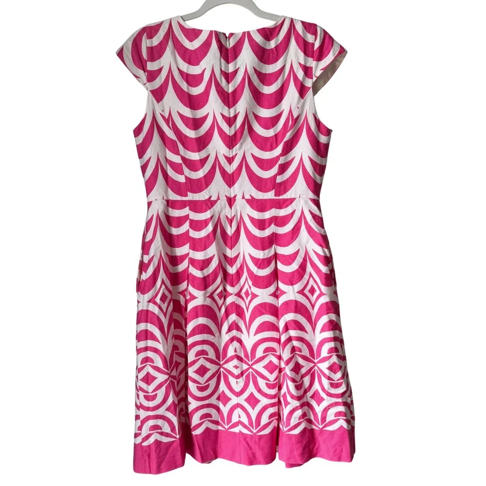 Talbots Dress Pink White Floral Geo Print Cap Sleeve Pleated Skirt Cotton Size 8